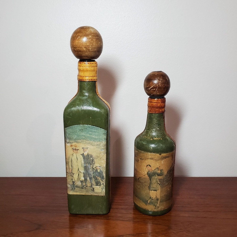 Vintage 1960s Fausto Corduri Italian Leather Wrapped Decanters Set of 2 Golf